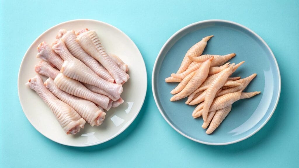 Raw and cooked chicken feet